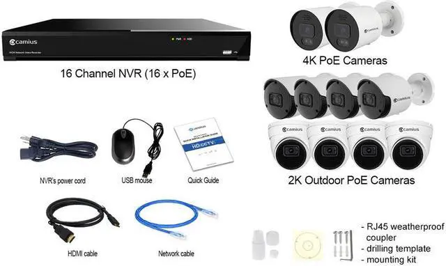 Alt view image 2 of 7 - Camius 16 Channel NVR system with 4TB HDD, 2 x 2 Way 4K Security Cameras with lights, siren, 8 x 2K PoE Cameras with audio recording, Night Vision, iPhone, iPhone, iPad, Android, PC, Mac compatible