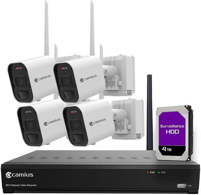 Main image of Camius 4K Wireless Security Camera System with 4 Battery Powered Outdoor Cameras, 4TB NVR 8 Channel - Siren, Lights, 2 Way Audio, Long range up to 2200ft - PC, Mac, Web Browser, Phone app compatible