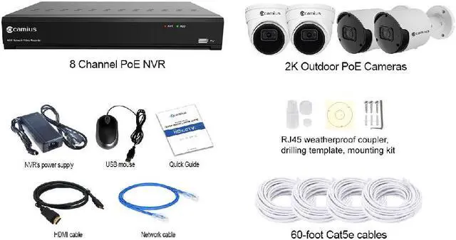 Alt view image 2 of 7 - Camius 4K PoE 8 Channel NVR System with 3TB Hard Drive, 4 x 5MP 2K Wired PoE cameras with Audio, Night vision, Smart Motion, Sound, AI detection PC, Mac Software, Web Browser, Mobile view