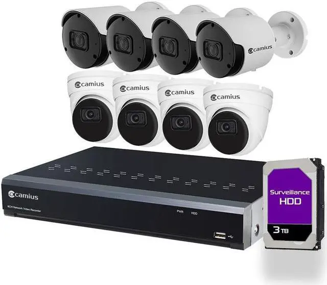 Main image of Camius 2K 8 PoE IP Camera System with Audio Recording, Motion, Sound, AI Human & Vehicle Detection, PC, Mac Software, Mobile App view, 8 Channel NVR, 3TB HDD