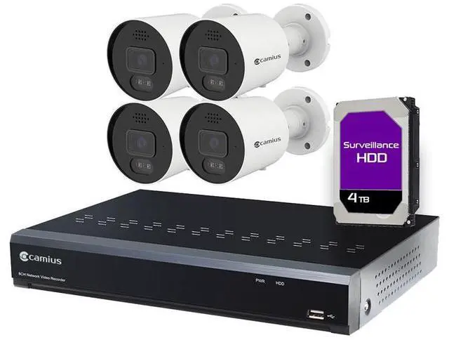 Main image of Camius 4K Security Camera System with 4 Outdoor Cameras, 8 Channel NVR, 4TB - PoE, Lights, Siren, 2 Way Audio, Smart Motion, Human, Vehicle Detection