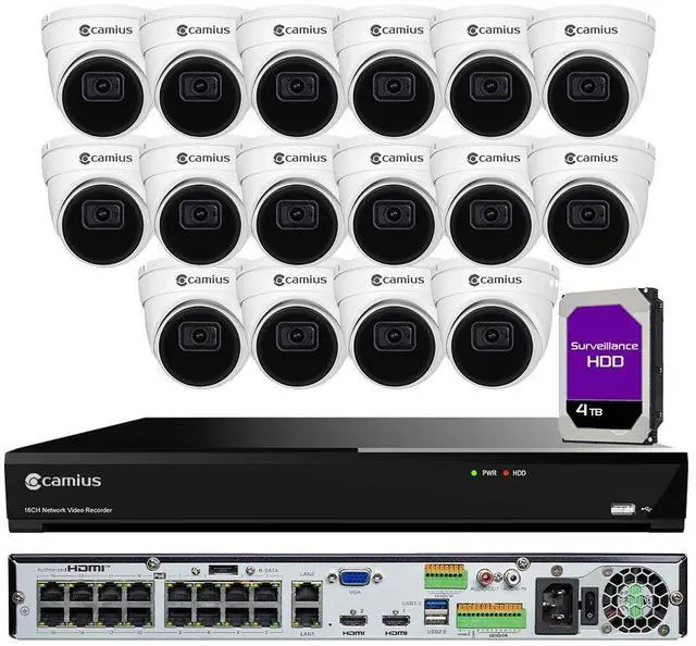 Main image of Camius PoE 16 Camera Security System with 16 Channel NVR, 4TB Hard Drive, 5MP Turret Cameras with Listen-in Audio, Motion, Sound, Stationary Object, Human, Line Crossing, more Detection - 2SATA, eSATA