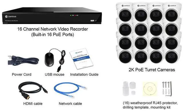Alt view image 2 of 7 - Camius PoE 16 Camera Security System with 16 Channel NVR, 4TB Hard Drive, 5MP Turret Cameras with Listen-in Audio, Motion, Sound, Stationary Object, Human, Line Crossing, more Detection - 2SATA, eSATA