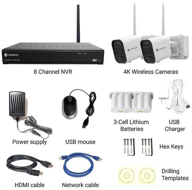Alt view image 2 of 7 - Camius 4K Wireless Security Camera System with 2 Battery Operated Wireless Cameras with Lights, Siren, 2 Way Audio, 8 Channel NVR, 4TB HDD, HDMI out, Standalone, Remote Access