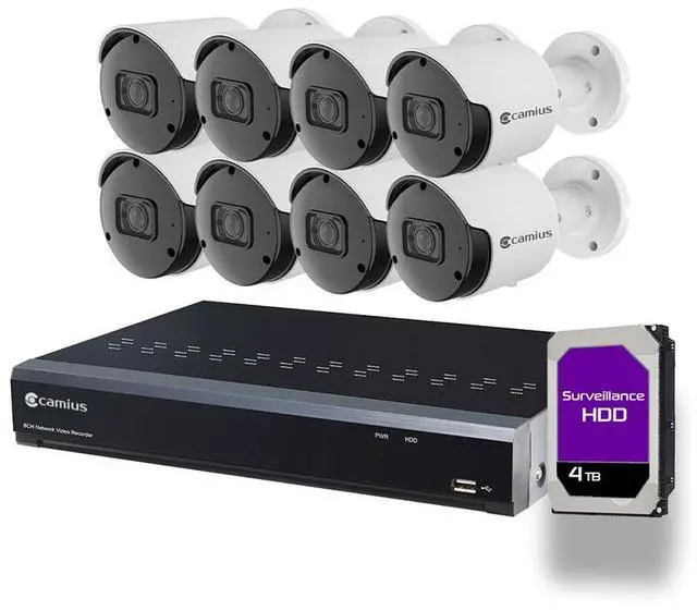 Main image of Camius 8 Channel NVR PoE Camera System with 4TB HDD, 8 5MP Outdoor Cameras, 91 degree view, Night vision, Audio Recording, Human, Vehicle, Intrusion Detection, PC, Mac, Phone App view, NDAA compliant