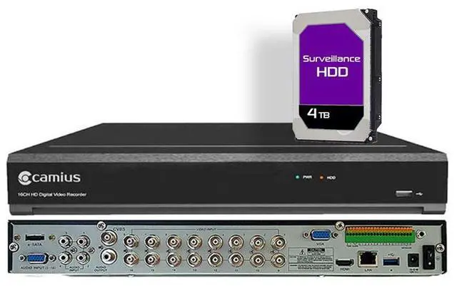Main image of Camius 4K 16 Channel Hybrid DVR for 16 Analog CVBS/AHD/CVI/TVI + 8 IP Cameras - fits 2 SATA HDDs, PC/Mac/Browser/Mobile view, 4TB HDD included (only DVR, without cameras)