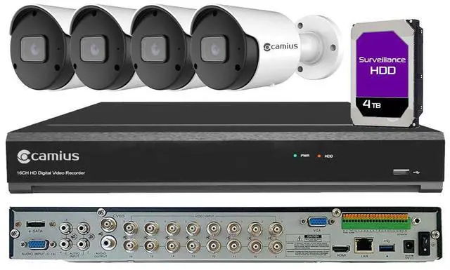 Main image of Camius 4K Hybrid 16 Channel DVR  System with 4TB Hard Drive,  4pcs Analog 4K BNC Security Cameras, Night vision, PC, Mac, Phone app remote access (2SATA, 1 eSATA, HDMI, Spot-out, add 16 analog + 8 IP)