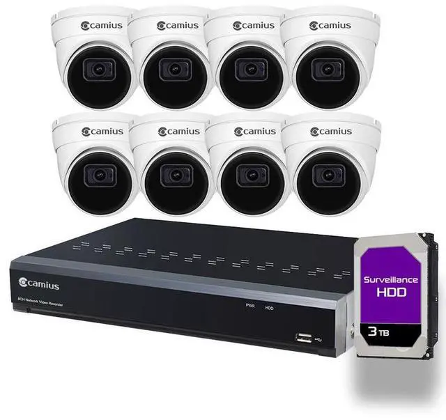 Main image of Camius Super HD 2K PoE 8 Dome Surveillance Cameras with Audio, Smart Motion, Sound, Human, Vehicle Detection, WDR, 110-degree view, 8 Channel NVR, 3TB HDD