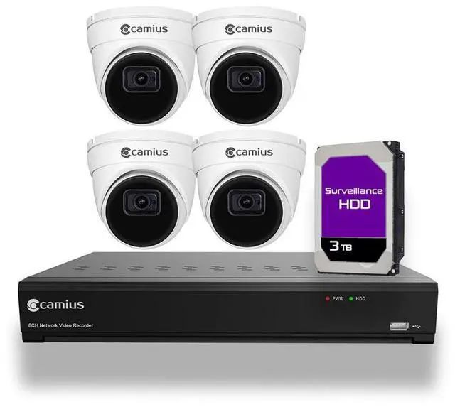 Main image of Camius 4K 8 Channel NVR system with 4 5MP PoE Dome Security Cameras with Audio, Smart Motion, Sound, AI Human, Vehicle, Perimeter Intrusion, Line Crossing Detection, 110-degree view, 3TB Hard Drive
