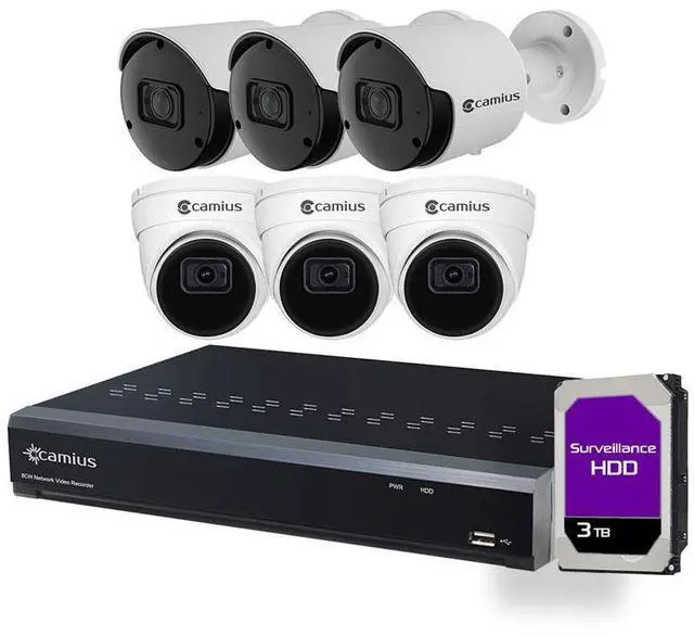 Main image of Camius 2K 6 IP Camera System for Home, Business Security with PoE 8 Channel 4K NVR, 3TB HDD, Human, Vehicle Detection, PC, Mac Software, Smartphone camera app