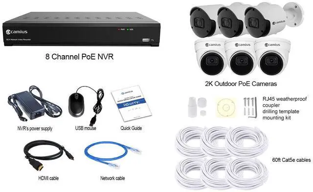 Alt view image 2 of 3 - Camius 2K 6 IP Camera System for Home, Business Security with PoE 8 Channel 4K NVR, 3TB HDD, Human, Vehicle Detection, PC, Mac Software, Smartphone camera app
