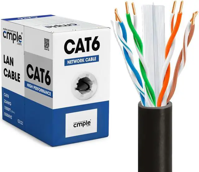 Main image of Cmple - Cat6 Cable 1000ft Bulk Lan Ethernet Cat 6 Wire Network UTP 23AWG CMR Riser 10 Gbps 550 MHz Pull Box 1000 Feet, Black