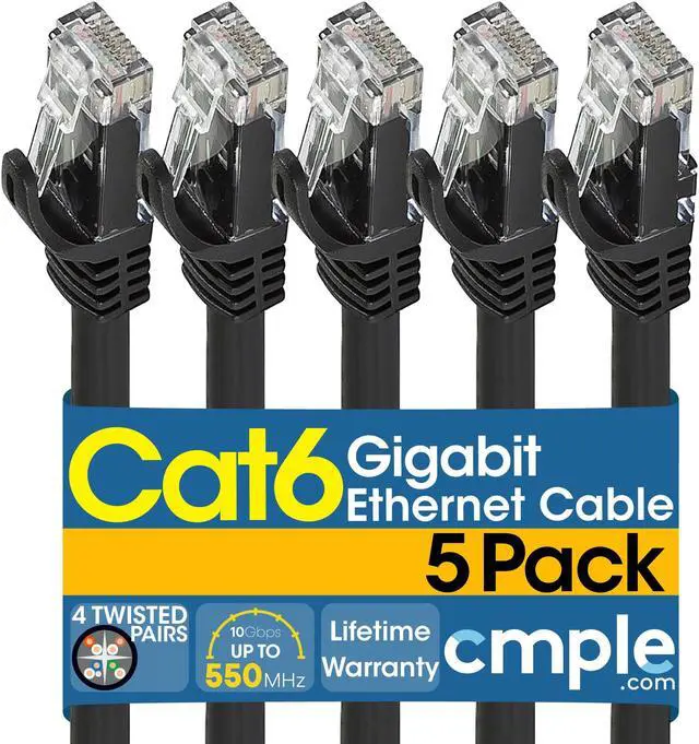 Main image of Cmple - [5 PACK] 5 Feet Cat6 Ethernet Cable, 10 Gigabit Network Cord, Ethernet Patch Cable, Computer LAN Internet Cable with Snagless RJ45 Connectors, Modem Wire - Black