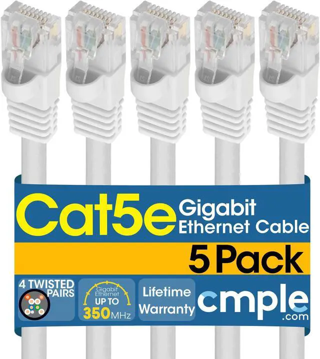 Main image of Cmple - [5 PACK] 3 Feet Cat5e Cable, Ethernet Patch Cord, White Cat5 Wire for Fast Internet, RJ45 Connectors, LAN Network Internet Cord, Modem Router Cable