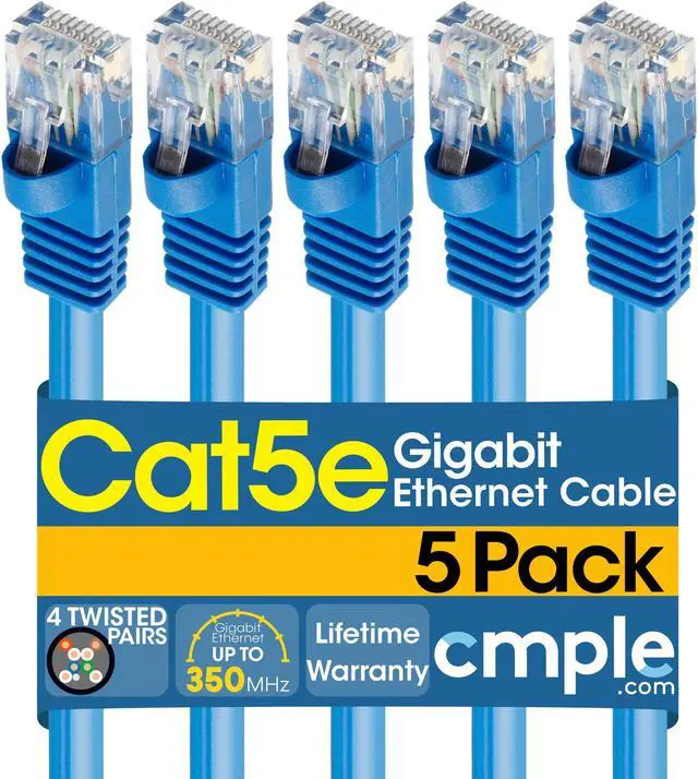 Main image of Cmple - [5 PACK] 3 Feet Cat5e Cable, Ethernet Patch Cord, Blue Cat5 Wire for Fast Internet, RJ45 Connectors, LAN Network Internet Cord, Modem Router Cable