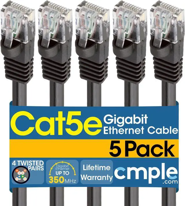 Main image of Cmple - [5 PACK] 5 Feet Cat5e Cable, Ethernet Patch Cord, Black Cat5 Wire for Fast Internet, RJ45 Connectors, LAN Network Internet Cord, Modem Router Cable