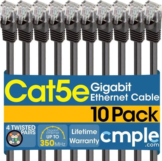 Main image of Cmple - [10 PACK] 7 Feet Cat5 Patch Cord, Ethernet Cable with RJ-45 Connectors,  1 Gigabit Cat5e UTP Wire, Category 5e Computer LAN Network Cord - Black