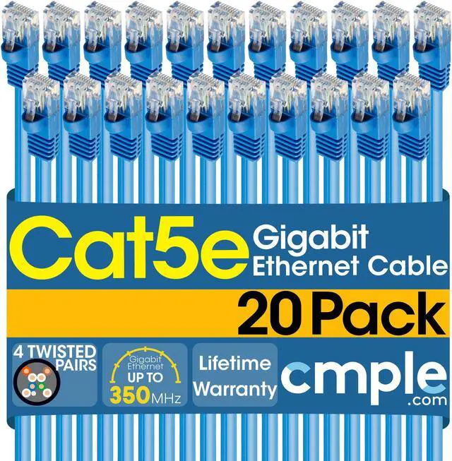 Main image of Cmple - [20 PACK] 15 Feet Cat 5 Ethernet Patch Cable , 1 Gbps LAN Network Cord, Blue Cat5e Wire, RJ-45 Connectors, 350 MHz UTP Computer Internet Cable