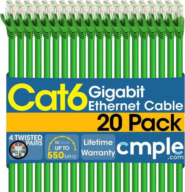 Main image of Cmple - [20 PACK] 1.5 Feet Cat6 Ethernet Cable, Network Patch Cord, 550 MHz 10 Gbps Cat6 Internet Wire, Computer LAN Cable with RJ-45 Connectors - Green