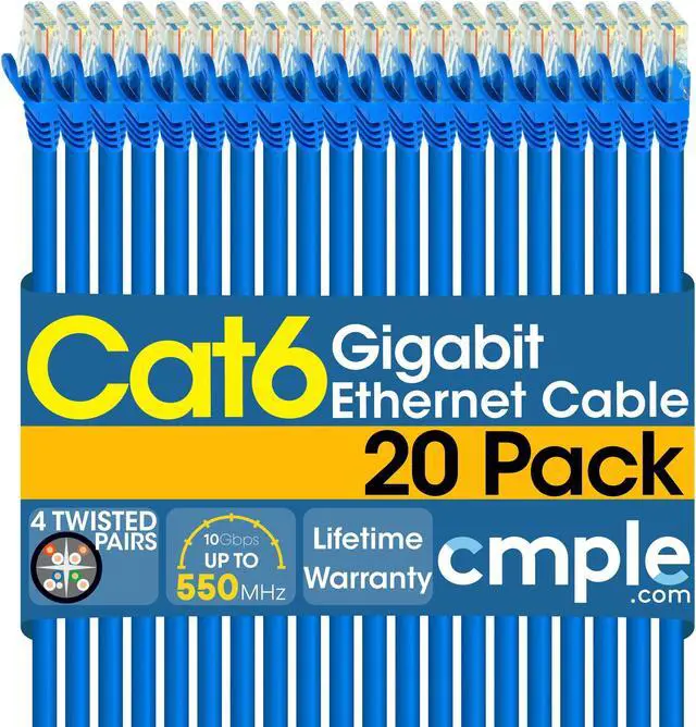 Main image of Cmple - [20 PACK] 1.5 Feet Cat6 Ethernet Cable, Network Patch Cord, 550 MHz 10 Gbps Cat6 Internet Wire, Computer LAN Cable with RJ-45 Connectors - Blue