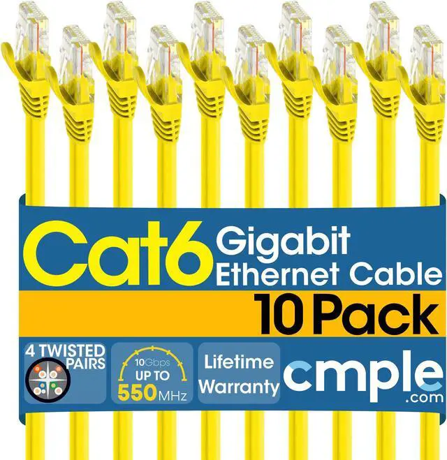 Main image of Cmple - [10 PACK] 1.5 Feet Cat6 Ethernet Cable, 10Gbps - 550Mhz Patch Cable,  Internet Network Cord, UTP Computer LAN Cable with RJ45 Connectors, Cat 6 Wire - Yellow