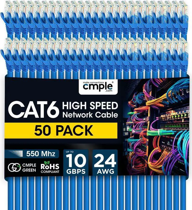 Main image of Cmple - 50 Pack Cat 6 Ethernet Cable 1.5 ft 10Gbps Internet Cable with RJ45 Connectors 550MHz Cat6 Patch Cord for Computer, WiFi Router, Modem - Blue