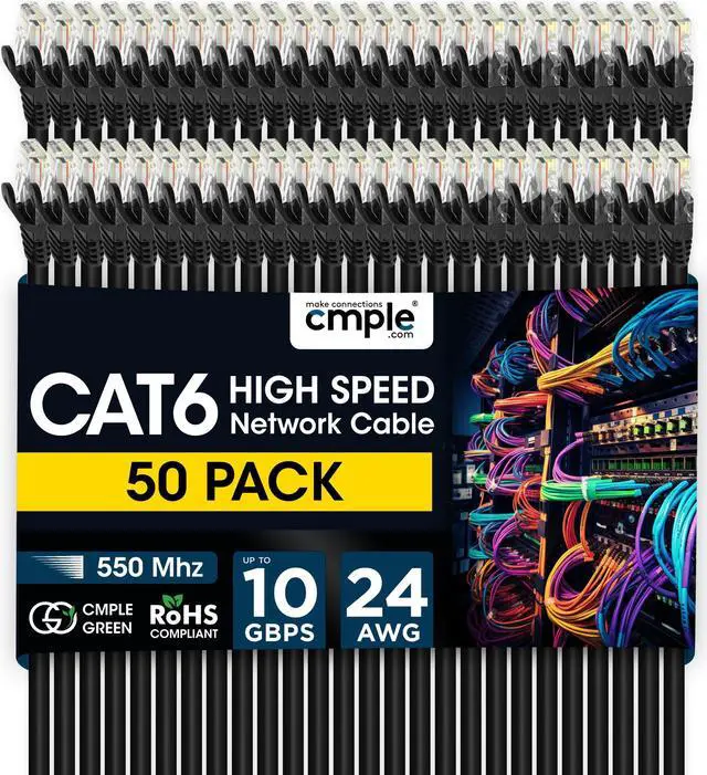 Main image of Cmple - 50 Pack Cat 6 Ethernet Cable 1.5 ft 10Gbps Internet Cable with RJ45 Connectors 550MHz Cat6 Patch Cord for Computer, WiFi Router, Modem - Black