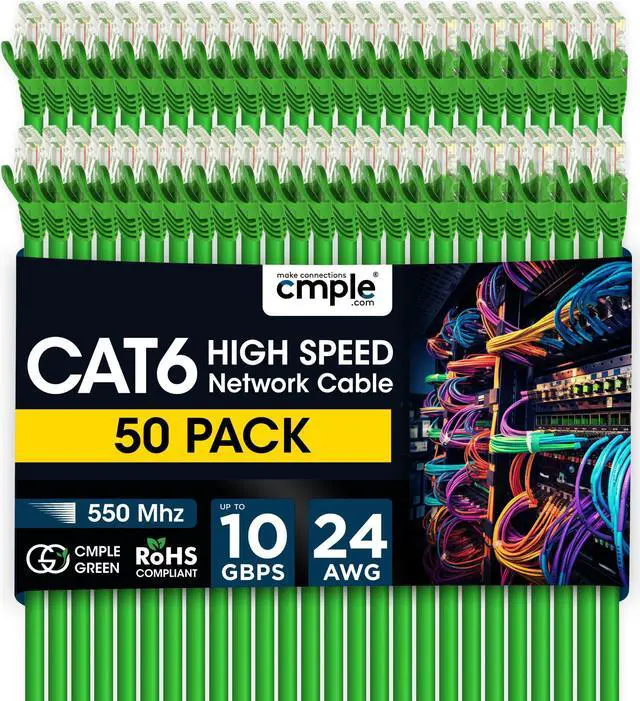 Main image of Cmple - 50 Pack Cat 6 Ethernet Cable 3 ft 10Gbps Internet Cable with RJ45 Connectors 550MHz Cat6 Patch Cord for Computer, WiFi Router, Modem - Green
