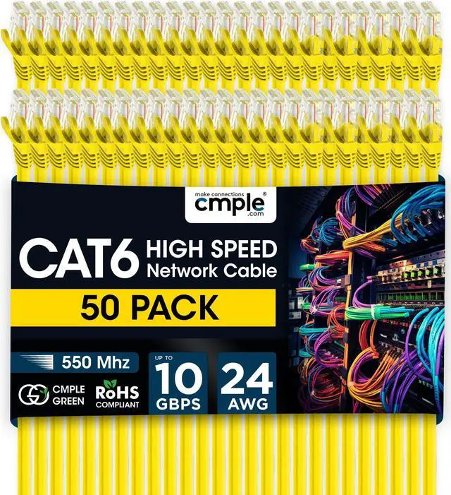 Main image of Cmple - 50 Pack Cat 6 Ethernet Cable 1.5 ft 10Gbps Internet Cable with RJ45 Connectors 550MHz Cat6 Patch Cord for Computer, WiFi Router, Modem - Yellow