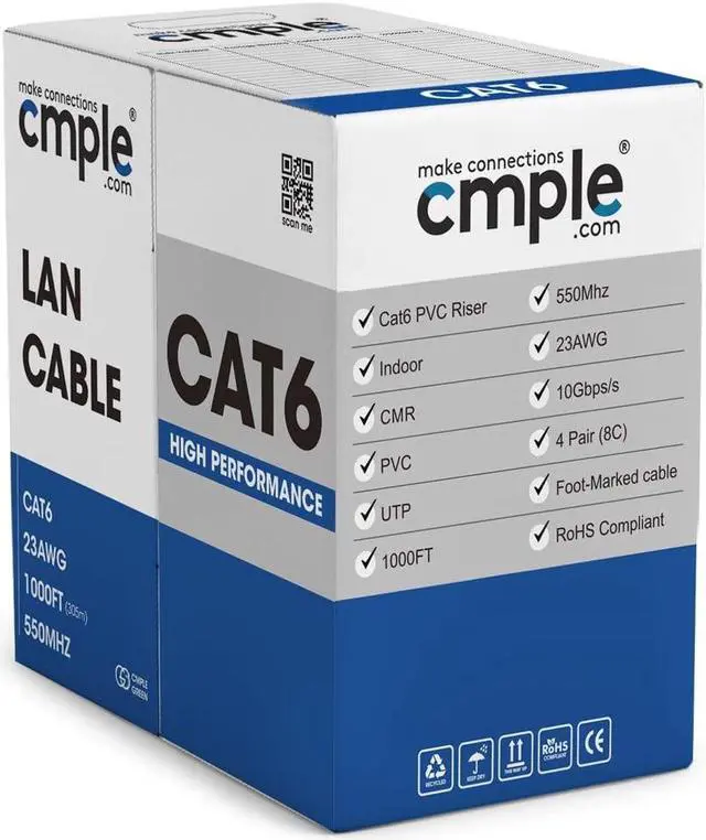 Alt view image 4 of 6 - Cmple - Cat6 Cable 1000ft Bulk Lan Ethernet Cat 6 Wire Network UTP 23AWG CMR Riser 10 Gbps 550 MHz Pull Box 1000 Feet, Orange