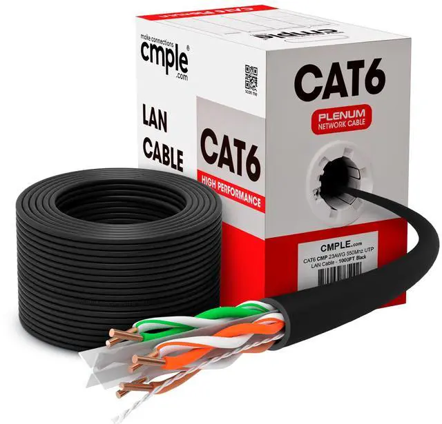 Main image of Cmple - Cat6 Plenum Ethernet Cable 1000ft, Cat 6 Cable (CMP) 550MHz Unshielded Twisted Pair (UTP) 10 Gigabit Solid Network Cable,  Bulk Ethernet Cable - Black