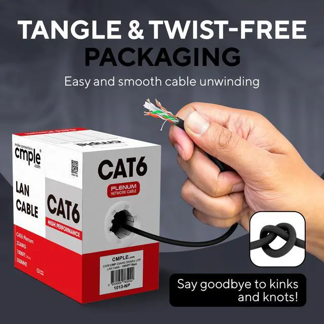 Alt view image 6 of 7 - Cmple - Cat6 Plenum Ethernet Cable 1000ft, Cat 6 Cable (CMP) 550MHz Unshielded Twisted Pair (UTP) 10 Gigabit Solid Network Cable,  Bulk Ethernet Cable - Black