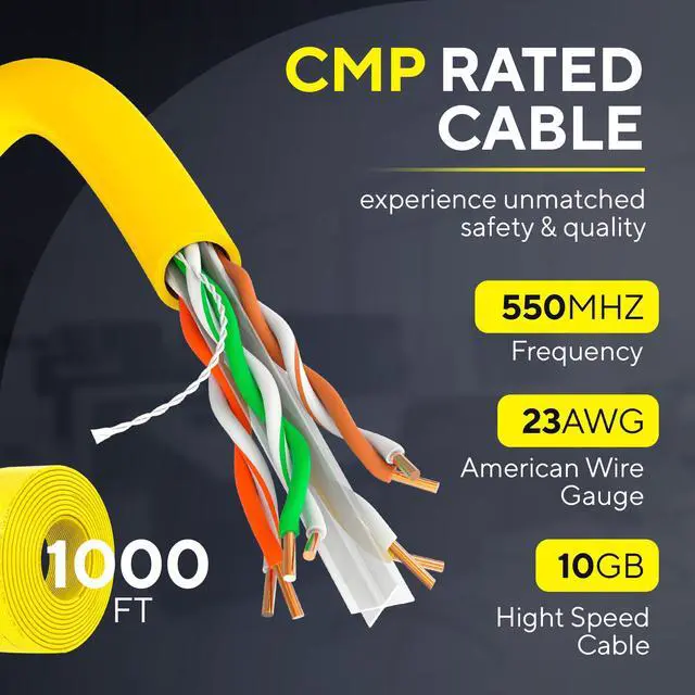 Alt view image 2 of 7 - Cmple - Cat6 Plenum Ethernet Cable 1000ft, Cat 6 Cable (CMP) 550MHz Unshielded Twisted Pair (UTP) 10 Gigabit Solid Network Cable,  Bulk Ethernet Cable - Yellow