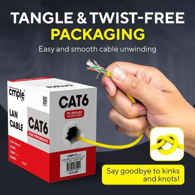 Alt view image 5 of 7 - Cmple - Cat6 Plenum Ethernet Cable 1000ft, Cat 6 Cable (CMP) 550MHz Unshielded Twisted Pair (UTP) 10 Gigabit Solid Network Cable,  Bulk Ethernet Cable - Yellow