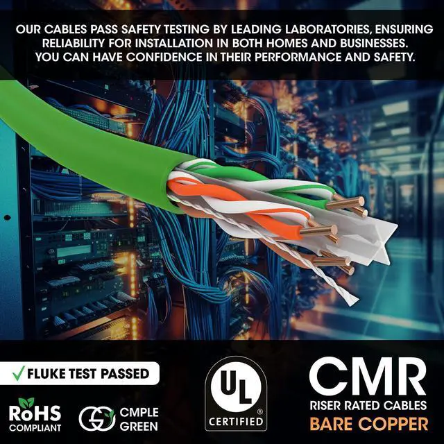 Alt view image 6 of 6 - Cmple - Cat 6 Cable 1000ft, 23 AWG Bare Copper Wire CMR Riser Cat6 Ethernet Cable, (UTP) Unshielded Twisted Pair, Gigabit Ethernet Cord, 550Mhz, PoE++, Reelex Box - Green