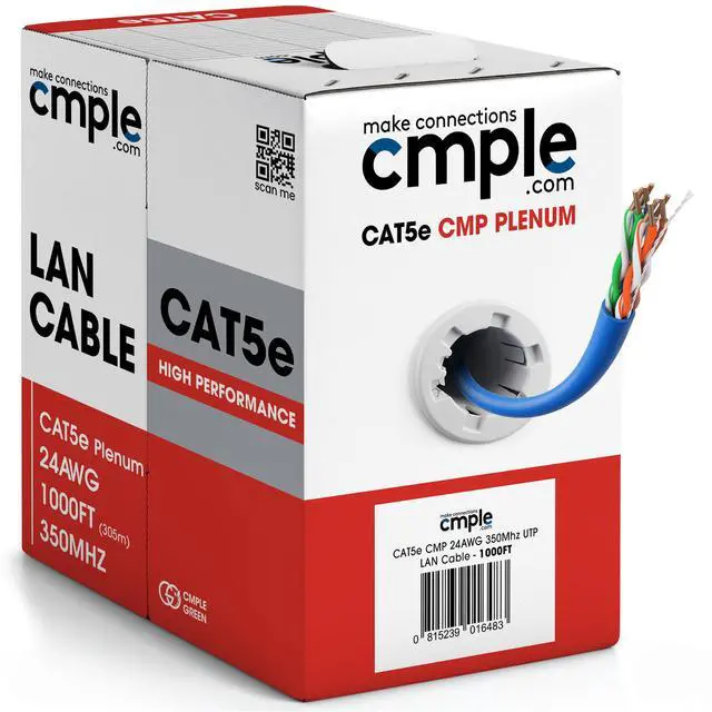 Main image of Cmple - Cat5e Plenum Cable 1000ft, CMP, Blue 350MHz Gigabit Ethernet Solid Network Internet Bulk UTP