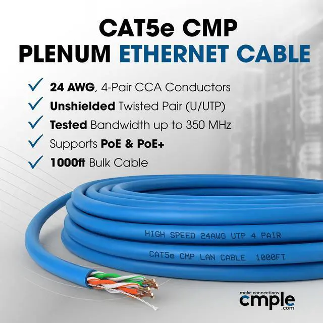 Alt view image 4 of 7 - Cmple - Cat5e Plenum Cable 1000ft, CMP, Blue 350MHz Gigabit Ethernet Solid Network Internet Bulk UTP