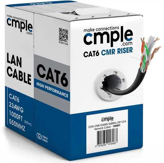 Main image of Cmple - Cat6 Cable 1000ft Bulk Lan Ethernet Cat 6 Wire Network UTP 23AWG CMR Riser 10 Gbps 550 MHz Pull Box 1000 Feet, Black