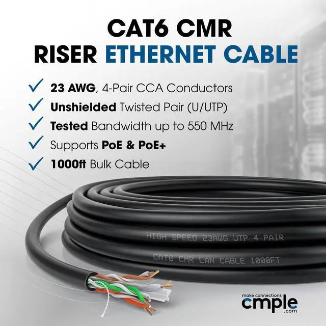 Alt view image 2 of 7 - Cmple - Cat6 Cable 1000ft Bulk Lan Ethernet Cat 6 Wire Network UTP 23AWG CMR Riser 10 Gbps 550 MHz Pull Box 1000 Feet, Black