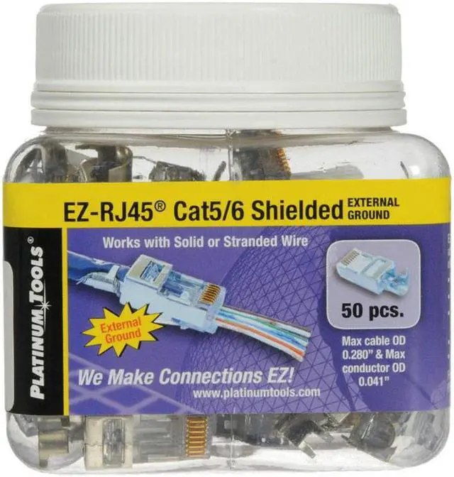Alt view image 3 of 5 - Platinum Tools EZ-RJ45 Shielded Cat5e/6 Connector, External Ground (50 Pack) (202022J)