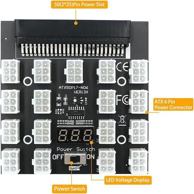 Main image of 12V ATX Power Supply Breakout Board for ETH/BTC Mining Graphics Card 17 Port PCIE Module 50(2x25) Pin Slot for BTC Mining Miner