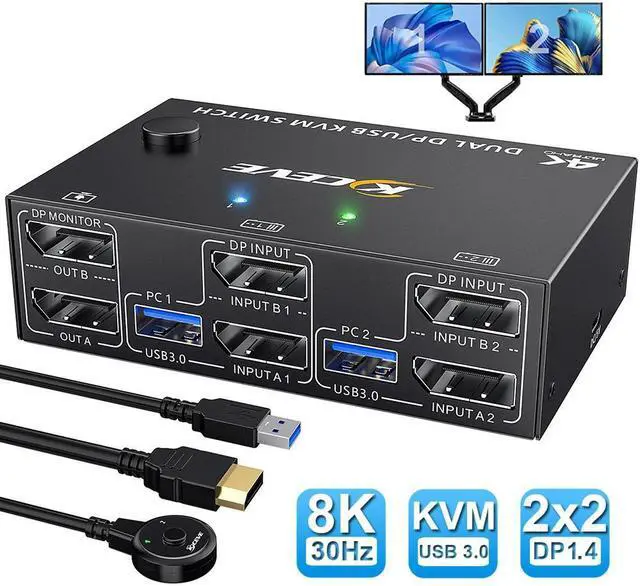 Main image of 8K USB 3.0 Displayport KVM Switch 2 Computers 2 Monitors, 8K @30Hz 4K @144Hz Dual Monitor Displayport 1.4 KVM Switches 2 in 2 Out with 4 USB 3.0 Port for USB Device, Wired Remote and 4 Cables Included