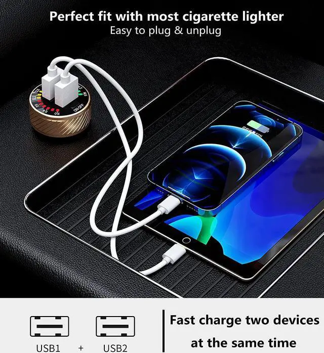 Alt view image 4 of 7 - Car Charger, 36W Fast Car Charger Adapter, Dual USB Car Charger Fast Charge with Colorful Voltmeter & ON/Off Switch (Black)
