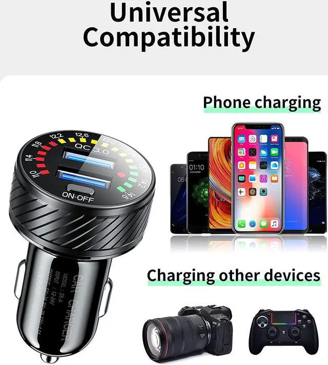 Alt view image 7 of 7 - Car Charger, 36W Fast Car Charger Adapter, Dual USB Car Charger Fast Charge with Colorful Voltmeter & ON/Off Switch (Black)