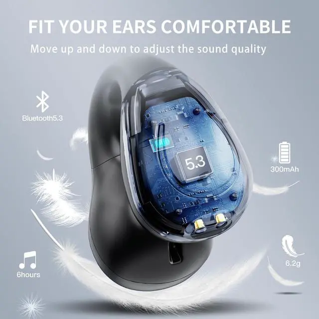 Alt view image 5 of 7 - Wireless Headphones, Bluetooth Ear Clip Earphones, 30H Playtime Open Ear Clip Headphones with Mic, Mini Wireless Earbuds Bluetooth for Running Sport Gym, USB-C, Compatible with iPhone Android (Black)