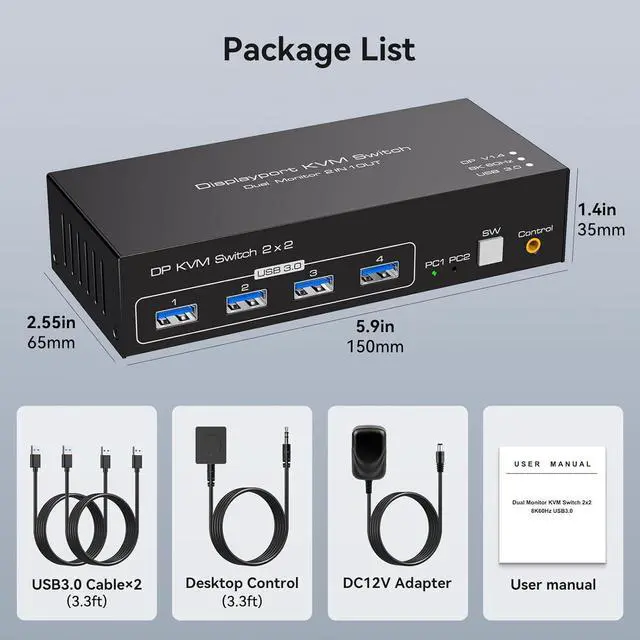 Alt view image 7 of 7 - Dual Monitor Displayport KVM Switch, 8K@60Hz/4K@120Hz USB 3.0 DP 1.4 KVM Switcher for 2 Computers Share 2 Monitors and 4 USB Devices Support Extended & Copy Mode Wired Controller 2 USB Cables Included