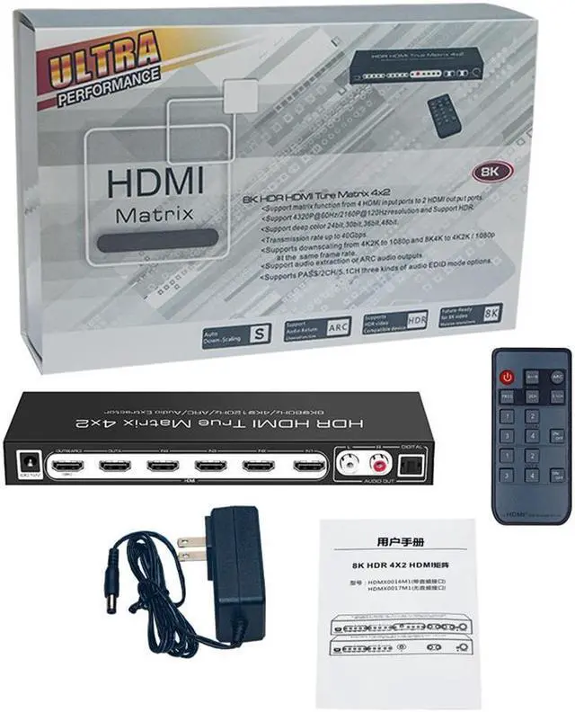 Alt view image 7 of 7 - 8K@60Hz HDMI Matrix Switch 4x2 with ARC, 4 in 2 Out HDMI2.1 Matrix HDMI Video Switcher Splitter+ Optical &L/R Audio Extractor, Support 4K @120Hz HDR10 HDCP2.3 Auto Downscale with IR Remote