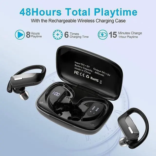 Alt view image 3 of 7 - True Wireless Earbuds, Bluetooth 5.1 Headphones 48H Playtime Sport Earphones with LED Display, Over-Ear Buds Built in Mic in Ear Earphones Waterproof Headset for Workout Running Gaming