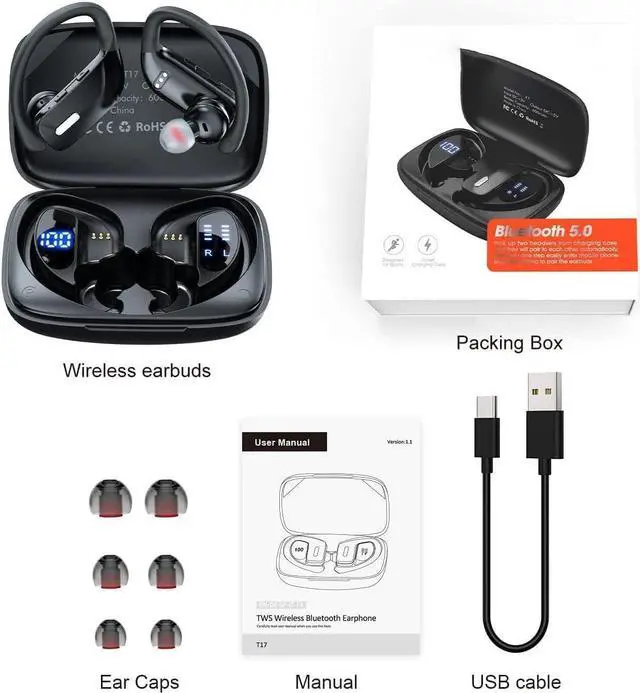 Alt view image 7 of 7 - True Wireless Earbuds, Bluetooth 5.1 Headphones 48H Playtime Sport Earphones with LED Display, Over-Ear Buds Built in Mic in Ear Earphones Waterproof Headset for Workout Running Gaming