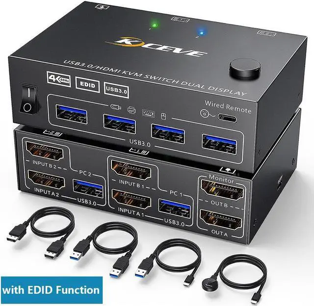 Main image of HDMI KVM Switch 2 Computers 2 Monitors, Dual Monitor HDMI USB 3.0 KVM Switcher 2 in 2 Out , 4K@60Hz HD Resolution, Support Copy and Extended Display, with EDID Function to Keep Window in Right Place